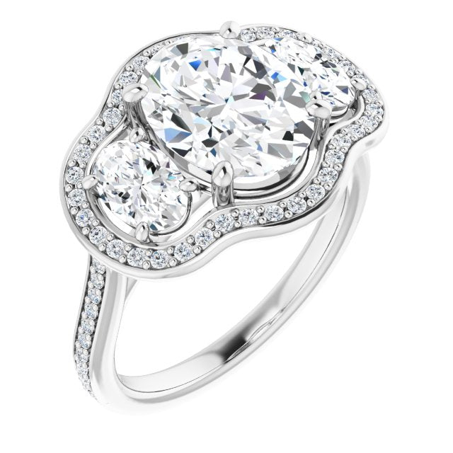 10K White Gold Customizable Oval Cut Style with Oval Cut Accents, 3-stone Halo & Thin Shared Prong Band