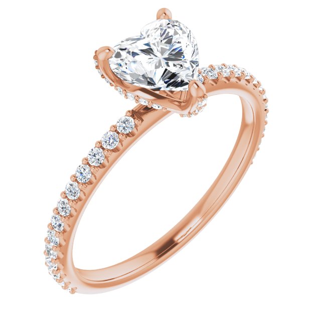10K Rose Gold Customizable Heart Cut Design with Round-Accented Band, Micropav? Under-Halo and Decorative Prong Accents)
