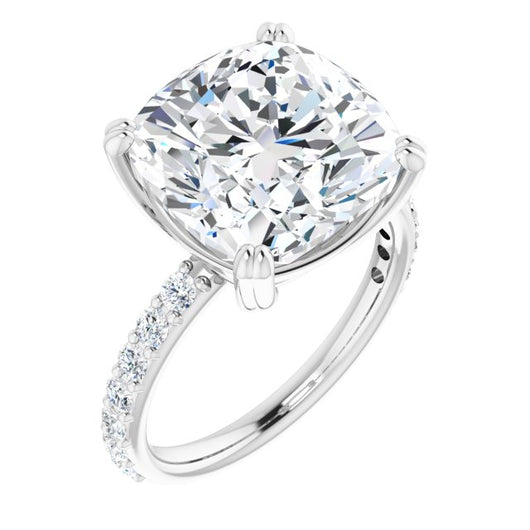 10K White Gold Customizable Cushion Cut Design with Large Round Cut 3/4 Band Accents