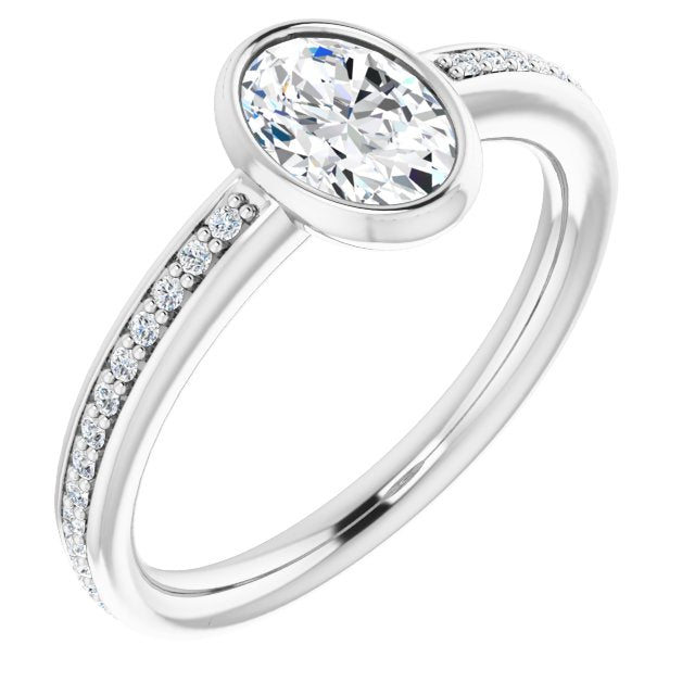 10K White Gold Customizable Bezel-Set Oval Cut Center with Thin Shared Prong Band