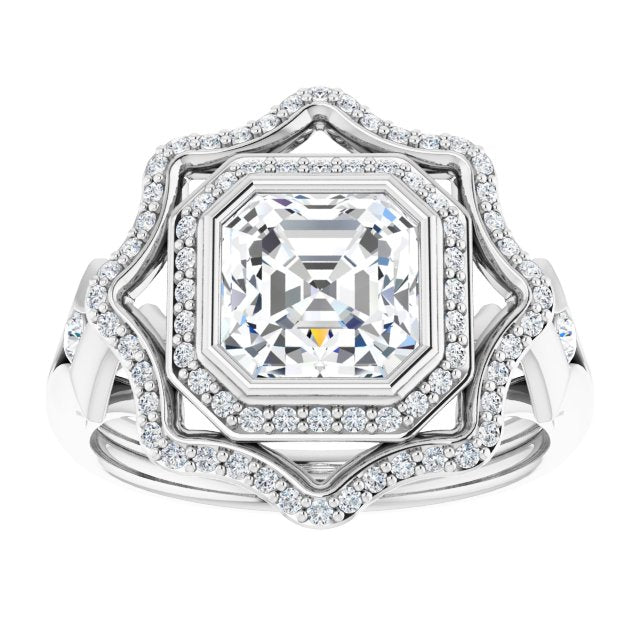 Cubic Zirconia Engagement Ring- The Cyra (Customizable Cathedral-bezel Asscher Cut Design with Floral Double Halo and Channel-Accented Split Band)