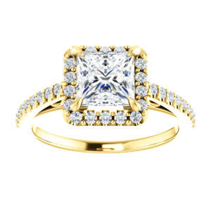 Cubic Zirconia Engagement Ring- The Sunshine (Customizable Princess Cut Halo Design with Vintage Cathedral Trellis and Thin Pavé Band)