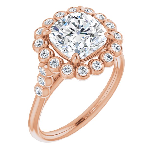 10K Rose Gold Customizable Cushion Cut Cathedral-Style Clustered Halo Design with Round Bezel Accents