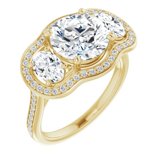10K Yellow Gold Customizable Round Cut Style with Oval Cut Accents, 3-stone Halo & Thin Shared Prong Band