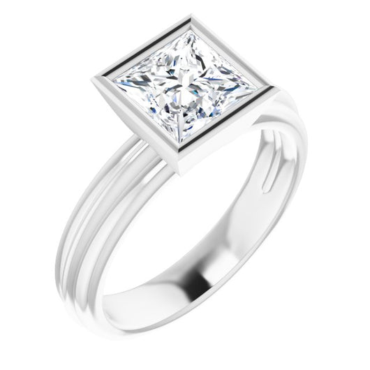 10K White Gold Customizable Bezel-set Princess/Square Cut Solitaire with Grooved Band