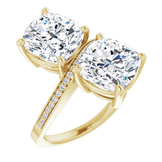 10K Yellow Gold Customizable 2-stone Cushion Cut Bypass Design with Thin Twisting Shared Prong Band