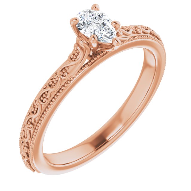 10K Rose Gold Customizable Pear Cut Solitaire with Delicate Milgrain Filigree Band