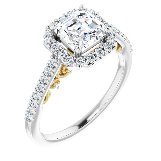 14K White & Yellow Gold Customizable Cathedral-Halo Asscher Cut Design with Carved Metal Accent plus Pavé Band