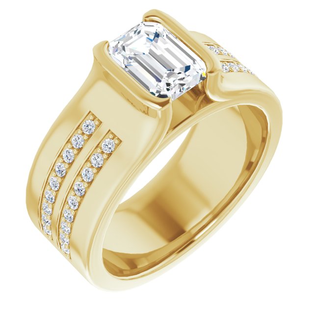 10K Yellow Gold Customizable Bezel-set Emerald/Radiant Cut Design with Thick Band featuring Double-Row Shared Prong Accents