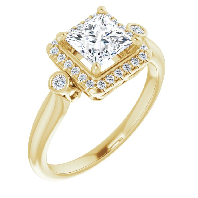 10K Yellow Gold Customizable Princess/Square Cut Style with Halo and Twin Round Bezel Accents
