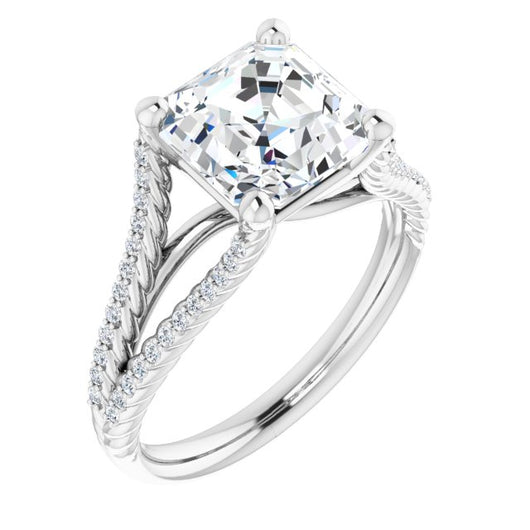 10K White Gold Customizable Asscher Cut Style with Split Band and Rope-Pavé