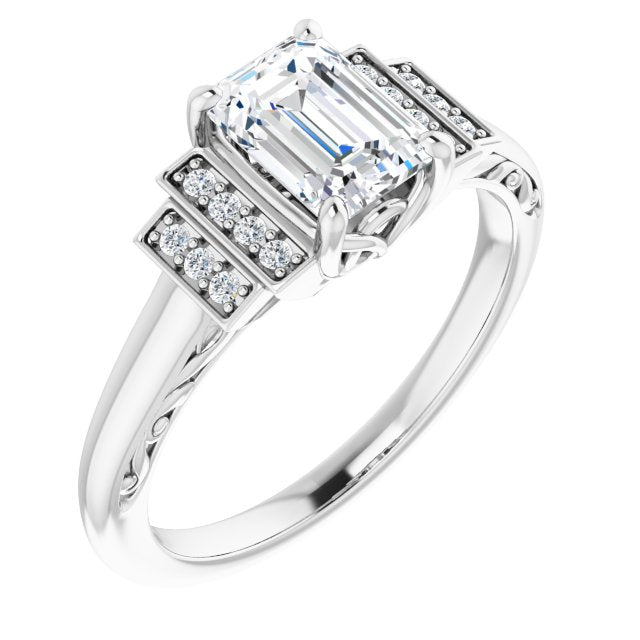 10K White Gold Customizable Engraved Design with Emerald/Radiant Cut Center and Perpendicular Band Accents