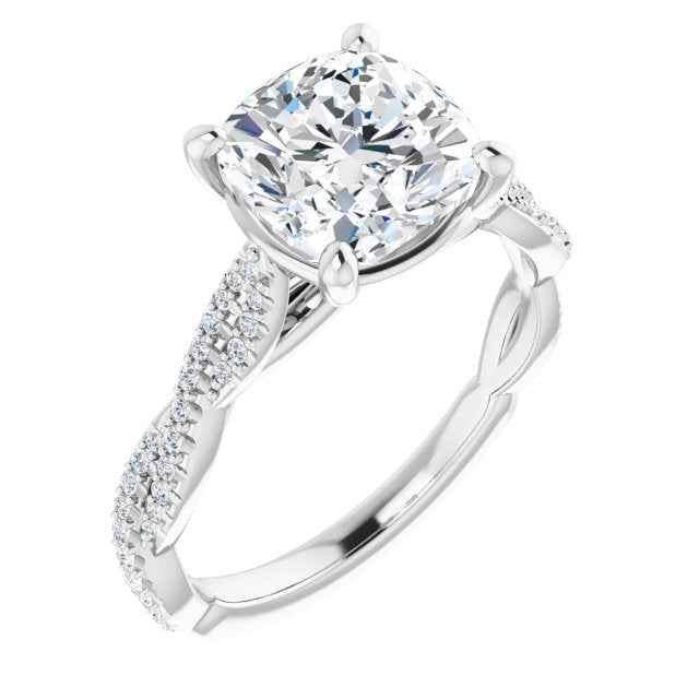 10K White Gold Customizable Cushion Cut Style with Thin and Twisted Micropavé Band