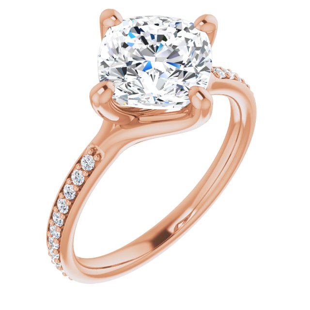 14K Rose Gold Customizable Cushion Cut Design featuring Thin Band and Shared-Prong Round Accents