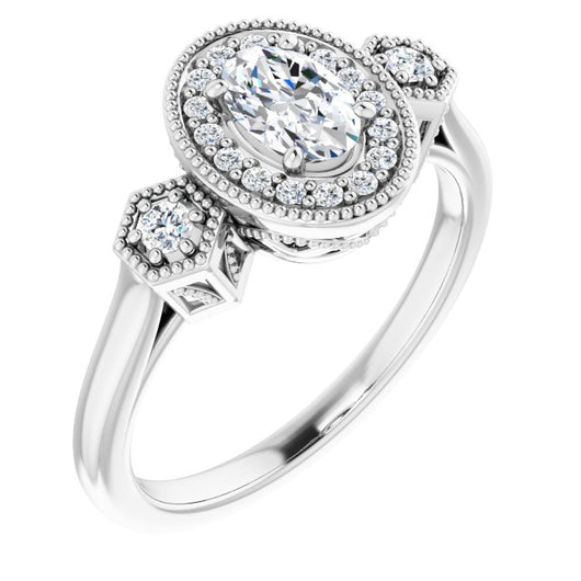 10K White Gold Customizable Cathedral Oval Cut Design with Halo and Delicate Milgrain