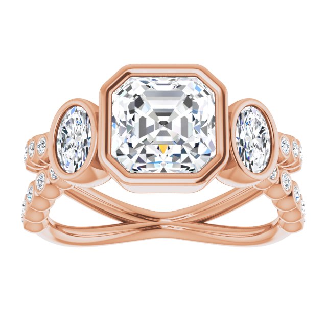 Cubic Zirconia Engagement Ring- The Tamanna (Customizable Bezel-set Asscher Cut Design with Dual Bezel-Oval Accents and Round-Bezel Accented Split Band)