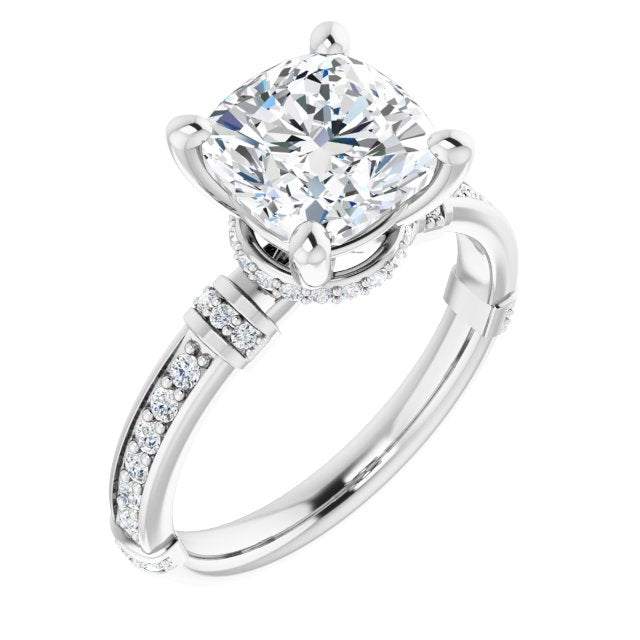 10K White Gold Customizable Cushion Cut Style featuring Under-Halo, Shared Prong and Quad Horizontal Band Accents