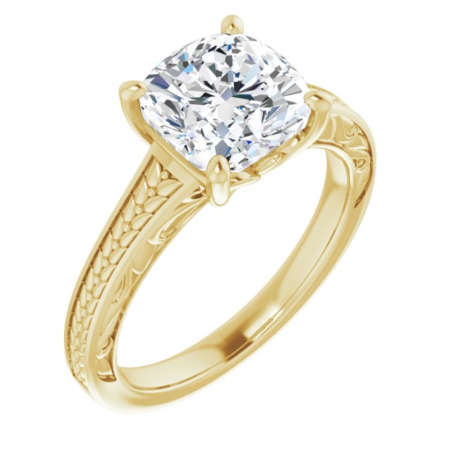 10K Yellow Gold Customizable Cushion Cut Solitaire with Organic Textured Band and Decorative Prong Basket