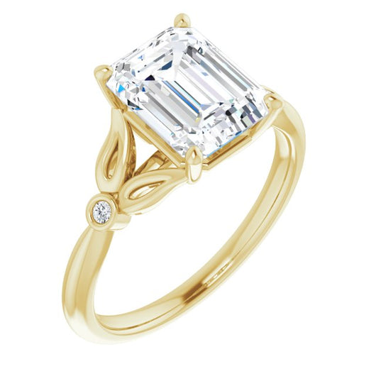 10K Yellow Gold Customizable 3-stone Emerald/Radiant Cut Design with Thin Band and Twin Round Bezel Side Stones