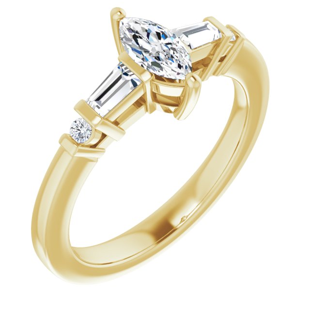 10K Yellow Gold Customizable 5-stone Baguette+Round-Accented Marquise Cut Design)