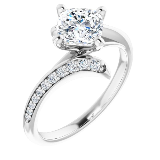 10K White Gold Customizable Cushion Cut Style with Artisan Bypass and Shared Prong Band
