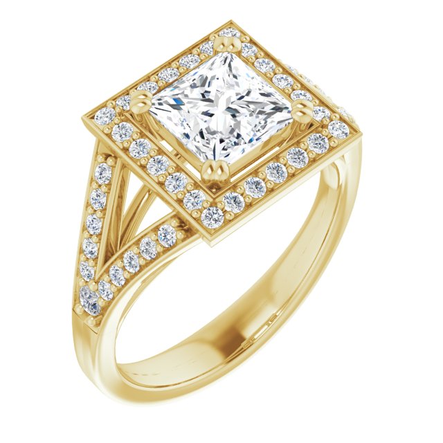 10K Yellow Gold Customizable Cathedral-set Princess/Square Cut Style with Accented Split Band and Halo