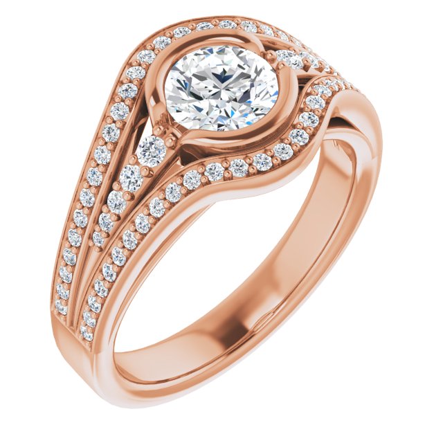 10K Rose Gold Customizable Cathedral-Bezel Round Cut Design with Wide Triple-Split-Pavé Band
