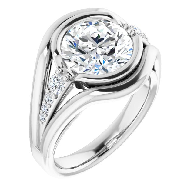 14K White Gold Customizable 9-stone Round Cut Design with Bezel Center, Wide Band and Round Prong Side Stones
