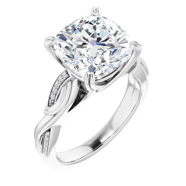 10K White Gold Customizable Cathedral-raised Cushion Cut Design featuring Rope-Braided Half-Pavé Band