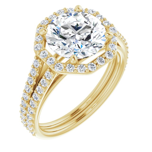 10K Yellow Gold Customizable Cathedral Round Cut Design with Geometric Halo & Split Pavé Band