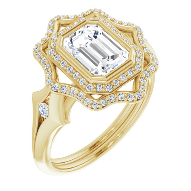 Cubic Zirconia Engagement Ring- The Cyra (Customizable Cathedral-bezel Radiant Cut Design with Floral Double Halo and Channel-Accented Split Band)