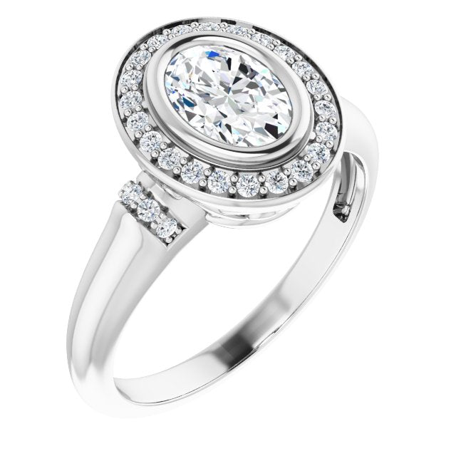 10K White Gold Customizable Bezel-set Oval Cut Design with Halo and Vertical Round Channel Accents