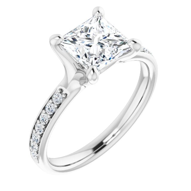 10K White Gold Customizable Heavy Prong-Set Princess/Square Cut Style with Round Cut Band Accents