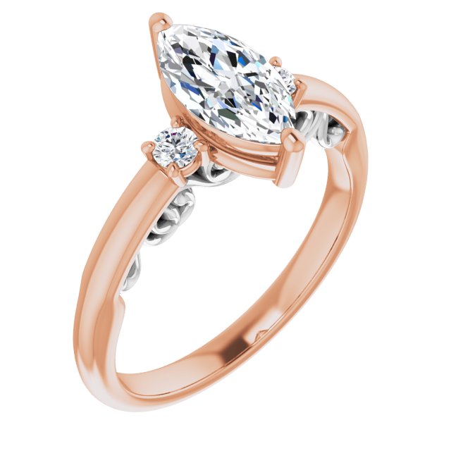 14K Rose & White Gold Customizable Marquise Cut 3-stone Style featuring Heart-Motif Band Enhancement