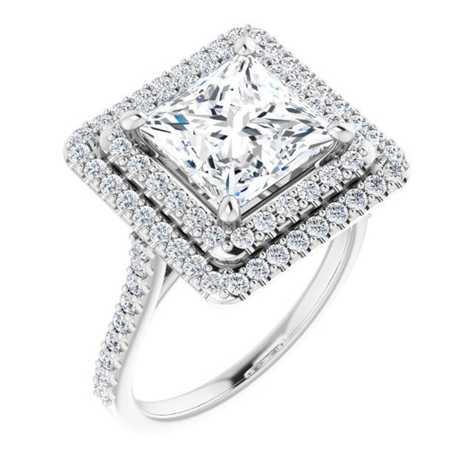 10K White Gold Customizable Double-Halo Princess/Square Cut Design with Accented Split Band