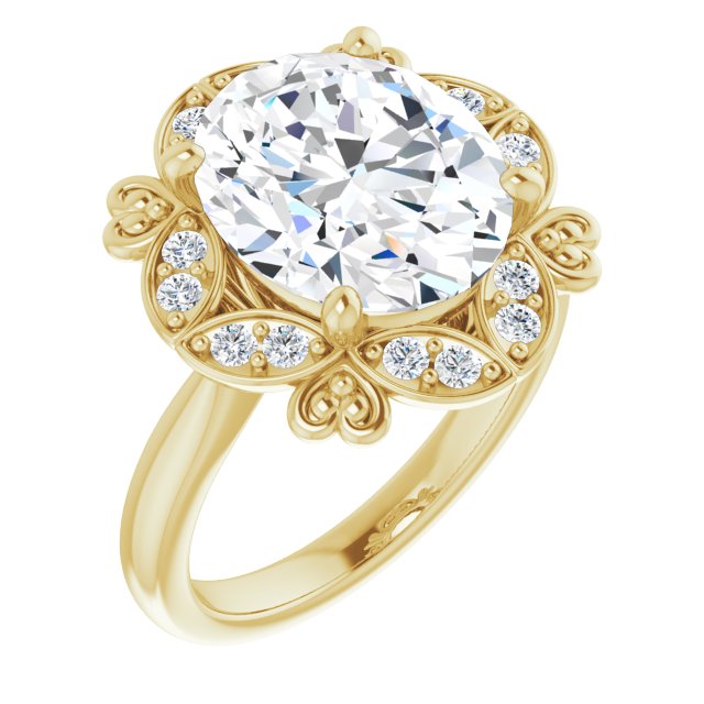 10K Yellow Gold Customizable Oval Cut Design with Floral Segmented Halo & Sculptural Basket