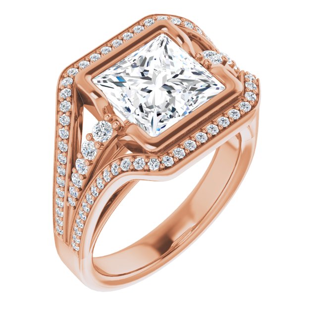 10K Rose Gold Customizable Cathedral-Bezel Princess/Square Cut Design with Wide Triple-Split-Pavé Band