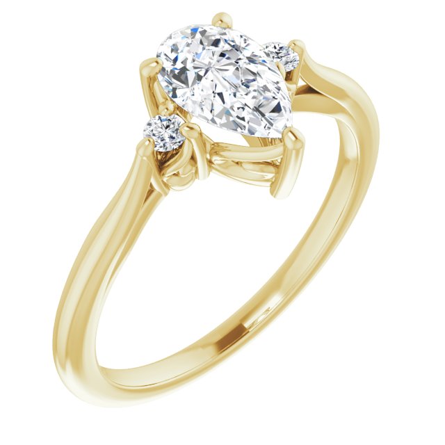 10K Yellow Gold Customizable Three-stone Pear Cut Design with Small Round Accents and Vintage Trellis/Basket
