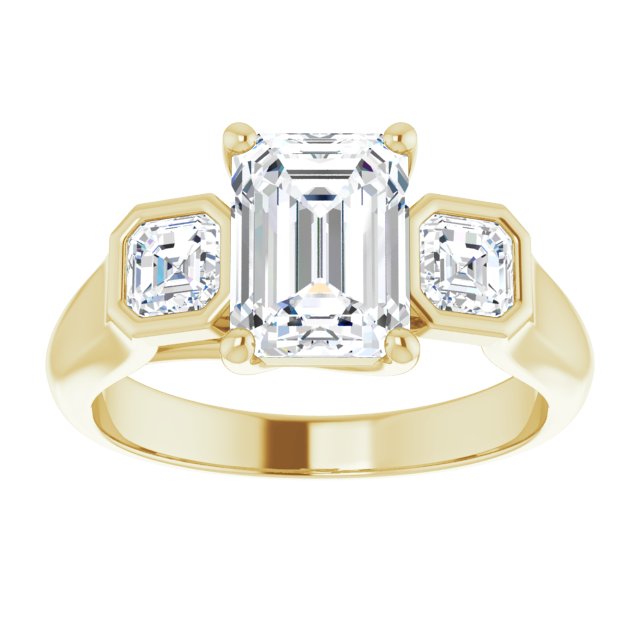 Cubic Zirconia Engagement Ring- The Alana Marie (Customizable 3-stone Cathedral Emerald Cut Design with Twin Asscher Cut Side Stones)