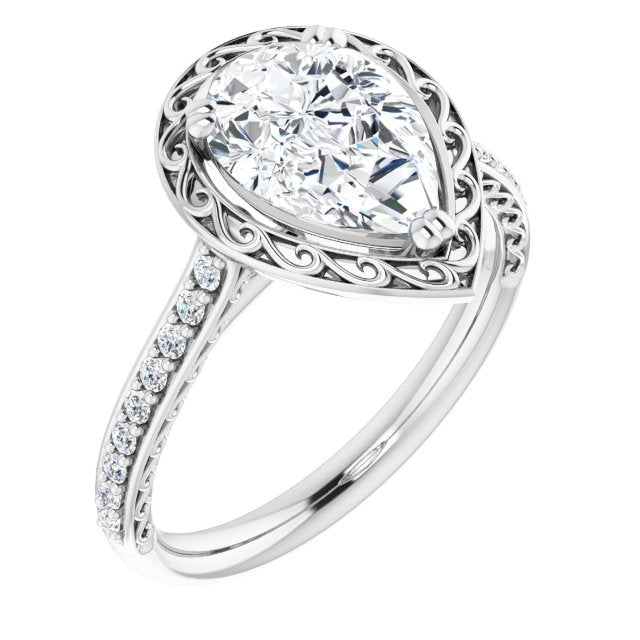 Cubic Zirconia Engagement Ring- The Montserrat  (Customizable Pear Cut Halo Design with Filigree and Accented Band)