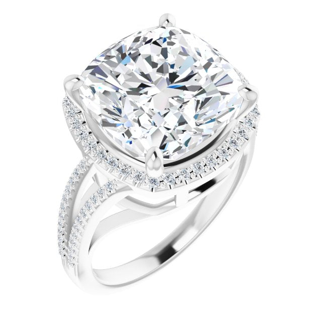 14K White Gold Customizable Cushion Cut Vintage Design with Halo Style and Asymmetrical Split-Pavé Band