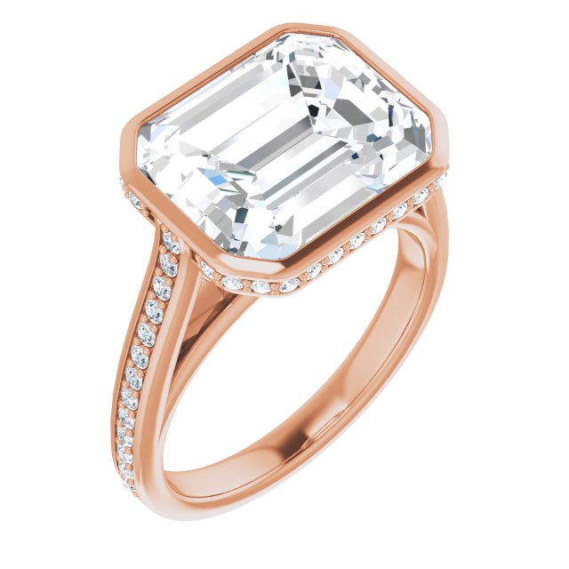 10K Rose Gold Customizable Cathedral-Bezel Emerald/Radiant Cut Design with Under Halo and Shared Prong Band