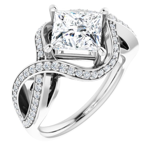 10K White Gold Customizable Princess/Square Cut Design with Twisting, Infinity-Shared Prong Split Band and Bypass Semi-Halo
