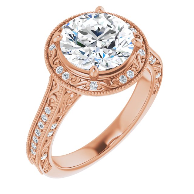 10K Rose Gold Customizable Vintage Artisan Round Cut Design with 3-Sided Filigree and Side Inlay Accent Enhancements