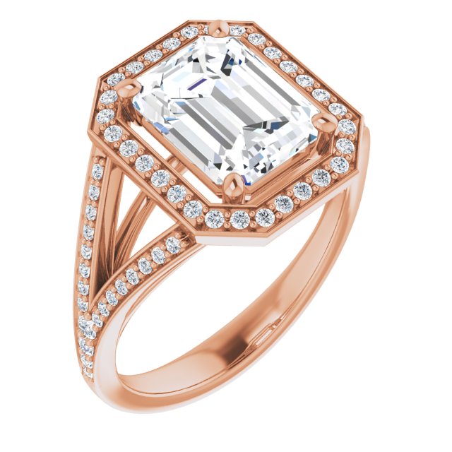 10K Rose Gold Customizable Cathedral-Halo Emerald/Radiant Cut Style featuring Split-Shared Prong Band