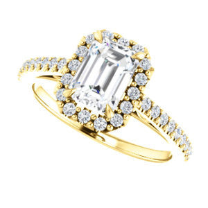 Cubic Zirconia Engagement Ring- The Sunshine (Customizable Emerald Cut Halo Design with Vintage Cathedral Trellis and Thin Pavé Band)