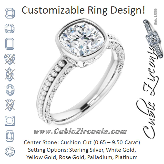 Cubic Zirconia Engagement Ring- The Cheyenne (Customizable Bezel-set Cushion Cut Solitaire with Beaded and Carved Three-sided Band)