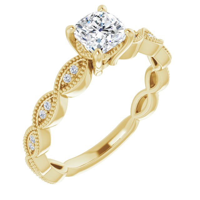 10K Yellow Gold Customizable Cushion Cut Artisan Design with Scalloped, Round-Accented Band and Milgrain Detail