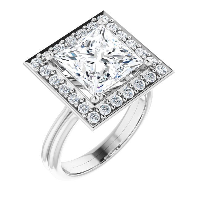 10K White Gold Customizable Cluster-Halo Accented Princess/Square Cut Style with Tapered Dual Band
