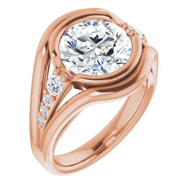 10K Rose Gold Customizable 9-stone Round Cut Design with Bezel Center, Wide Band and Round Prong Side Stones